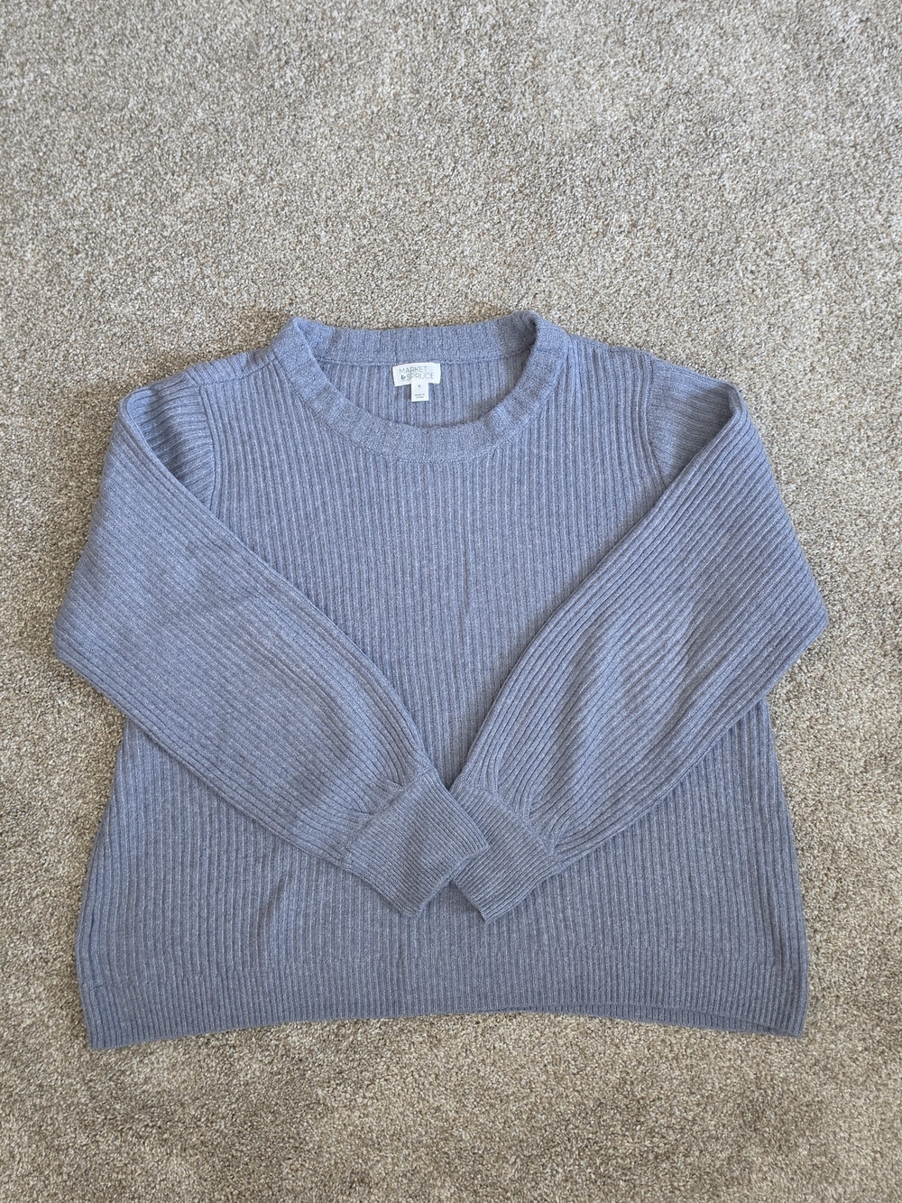 Market & Spruce Heathered Gray-Blue Ribbed Crewneck Sweater XL